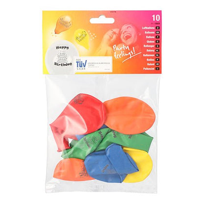 Eine durchsichtige Kunststoffverpackung der PAPSTAR GmbH mit 10 bunten "Happy Birthday" Luftballons (Ø 22 cm). Auf der Tüte steht "Party feeling!!!", Ballongrafik und Anzahl (10) - perfekt für die Geburtstagsdekoration.