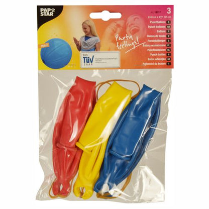 A PAPSTAR GmbH package with 3 punch balloons (Ø 40 cm), assorted colors, with rubber bands in a clear packaging. Ideal for parties, as shown on the label with a woman holding a blue balloon.