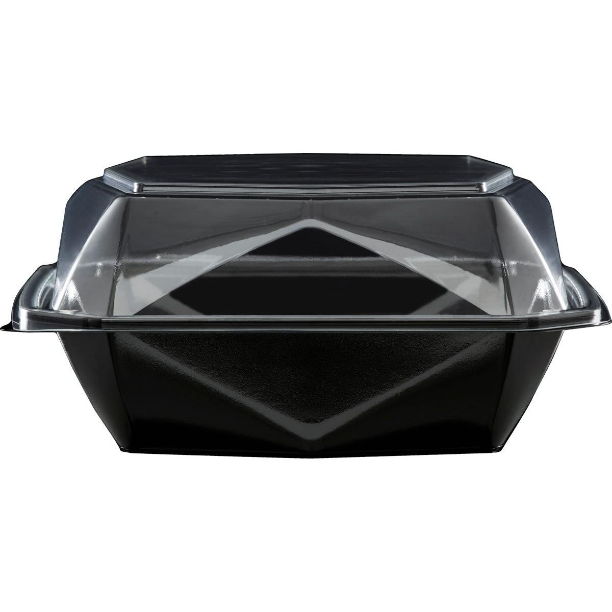 The Octaview® M+ Black/Transparent APET 185x185x90 takeout container from Duni GmbH is shown closed, viewed from the front, against a white background—an ideal transparent packaging solution for food presentation.