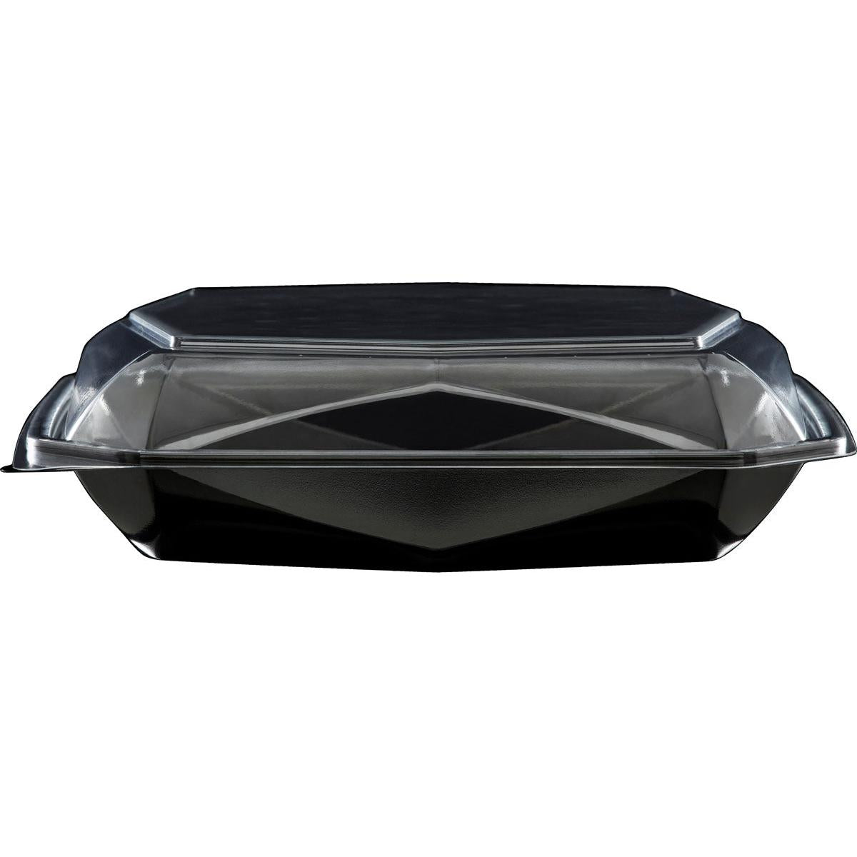 The Octaview® L Black / Transparent APET 225x225x65 food container from Duni GmbH is shown empty with a securely closed, clear lid, photographed from the front on a white background. Pack (100 pieces).