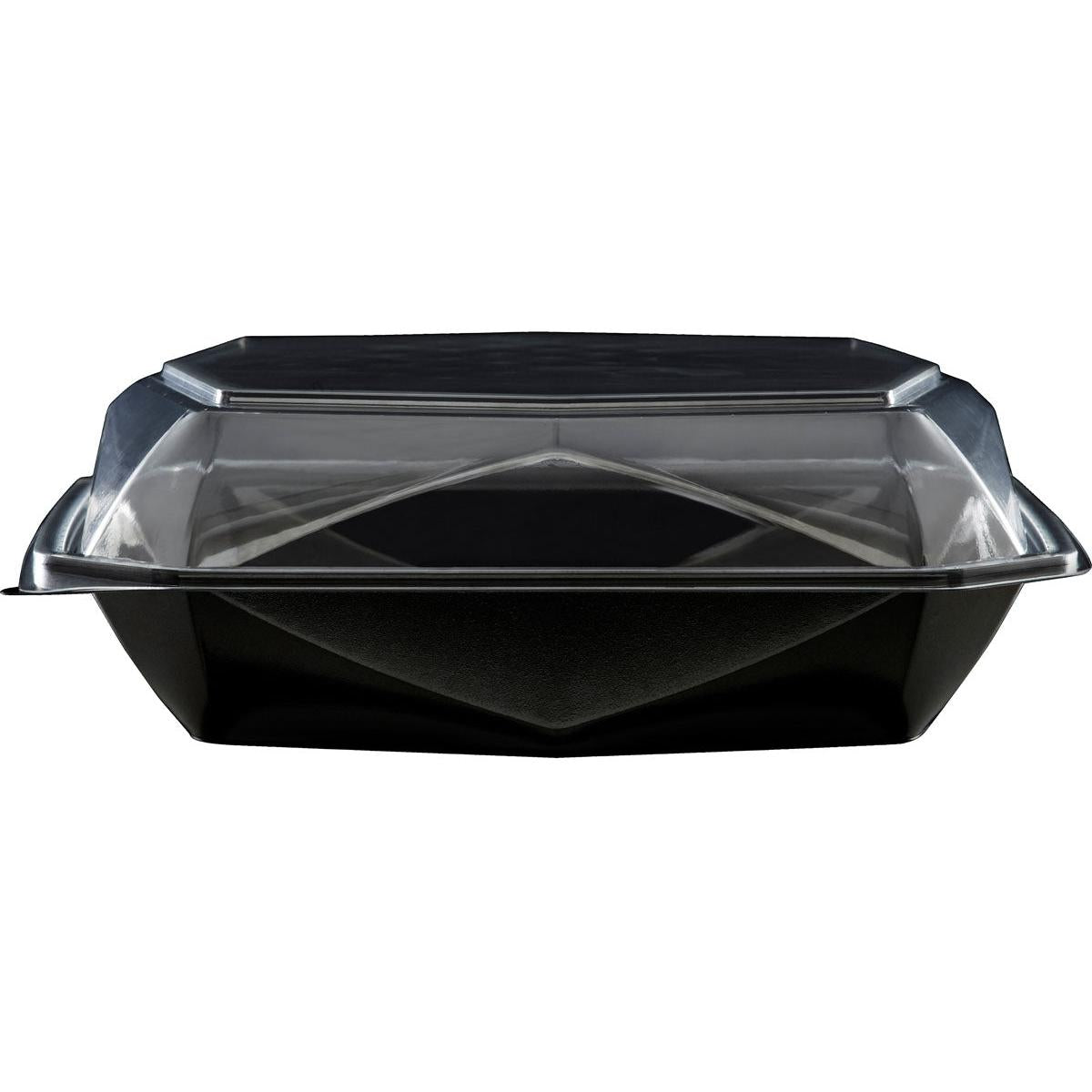 A Duni GmbH Octaview® L+ Black/Transparent APET 225x225x80 dispensing container with a clear lid is shown closed and empty against a white background. The package contains 100 pieces.