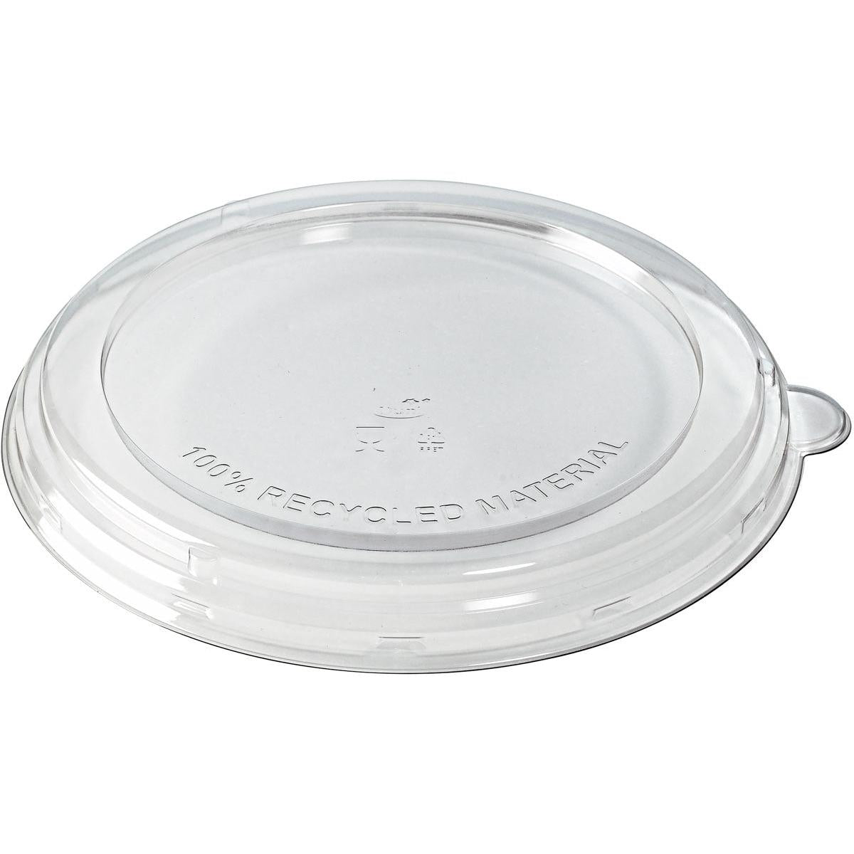 The rPET flat lid 800-1200 ml from Duni GmbH is a transparent, eco-friendly lid made from 100% recycled material with embossing, a small tab, and a recycling symbol in the center (213x213x20 mm, pack of 40 pieces).