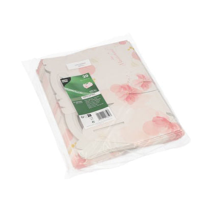 Eine durchsichtige Kunststoffverpackung enthält 20 PAPSTAR Gebäck-Kartons aus Pappe, eckig und rosé mit Tragegriff. Das grüne Etikett der PAPSTAR GmbH liefert Produktdetails und sorgt für eine elegante Präsentation.