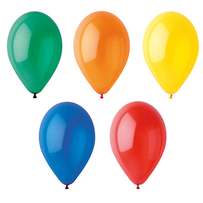 Five PAPSTAR 10 balloons Ø 25 cm assorted colors from PAPSTAR GmbH are shown in the colors green, orange, yellow (top row) as well as blue and red (bottom row) on a plain white background.
