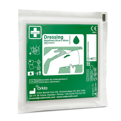 A green-white "Cederroth Netzverband | Pack (1 piece)" from Orkla Wound Care AB, ideal for wound care. The packaging includes application instructions, product information, and contact details of the manufacturer in Sweden.