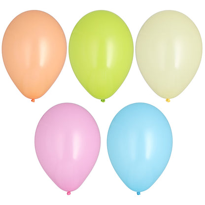 Five inflated PAPSTAR 10 balloons Ø 25 cm assorted colors from PAPSTAR GmbH in pastel orange, green, yellow, pink, and blue stand in a three-over-two row on a white background.