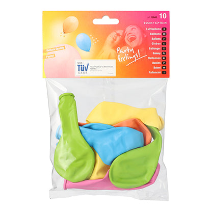A clear packaging from PAPSTAR GmbH contains 10 assorted color balloons (Ø 25 cm). The label shows colorful balloons, product details, the slogan "Partyfeeling!" and points to the high-quality material.