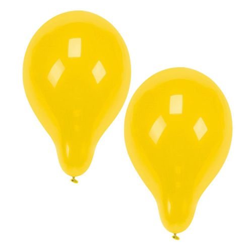 Zwei PAPSTAR 100 Luftballons Ø 25 cm der PAPSTAR GmbH in leuchtendem Gelb, unten zusammengebunden, stehen nebeneinander auf schlichtem weißem Untergrund – ideal für Ihre nächste Partyplanung.