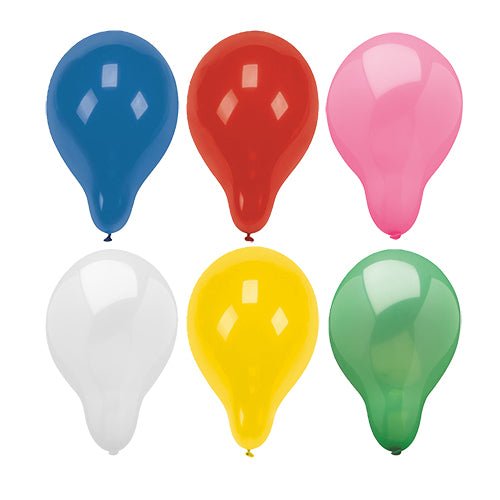 Sechs runde, bunte PAPSTAR 100 Luftballons der PAPSTAR GmbH im 2x3 Raster: oben blau, rot, pink; unten weiß, gelb, grün. Alle sind voll aufgeblasen und aus hochwertigem Material gefertigt.