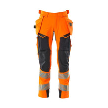 Pants with hanging pockets, ULTIMATE STRETCH pants, hi-vis orange/black-blue