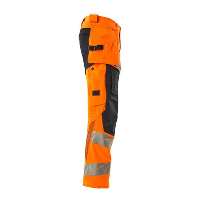 Pants with hanging pockets, ULTIMATE STRETCH pants, hi-vis orange/black-blue