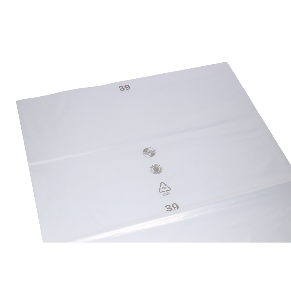 Eine transparente EMIL DEISS KG-Platte (Modell DEISS 19101, 700x1100x0,1 mm) liegt flach auf weißem Grund und ist mit grauen Recycling-Symbolen und der Zahl 39 bedruckt.