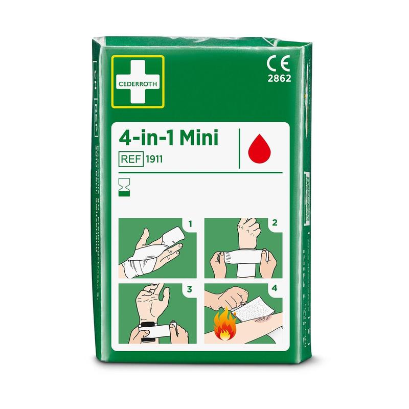 Eine grüne Packung mit der Aufschrift "Cederroth 4-in-1 mini blutstopper" von Orkla Wound Care AB, die Symbole mit vier illustrierten Schritten zum Verbinden von Hand- oder Armwunden, einschließlich Verbrennungen, enthält. Ein Stück pro Packung.