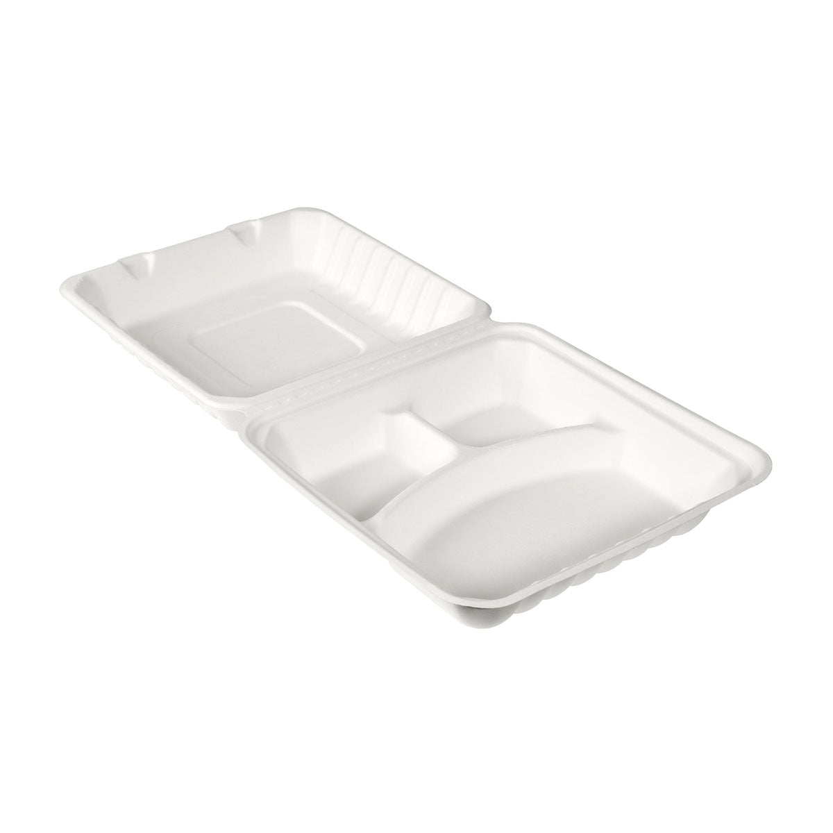 The white BioPak menu box 350/120/120 ml from Duni GmbH made of bagasse (236x231x81 mm) has three compartments and a hinged lid. It is environmentally friendly, rectangular, and is delivered in a pack of 50.
