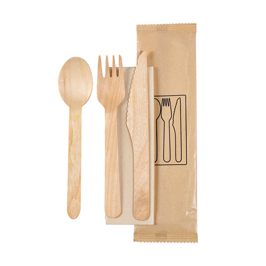 Das Duni GmbH 4/1 Besteck Set aus naturgewachstem Holz enthält Gabel, Messer, Löffel und braune Serviette (160/165/160), hygienisch verpackt zu 250 Stück - umweltfreundlich auf weißem Hintergrund neben einer illustrierten Papiertüte.