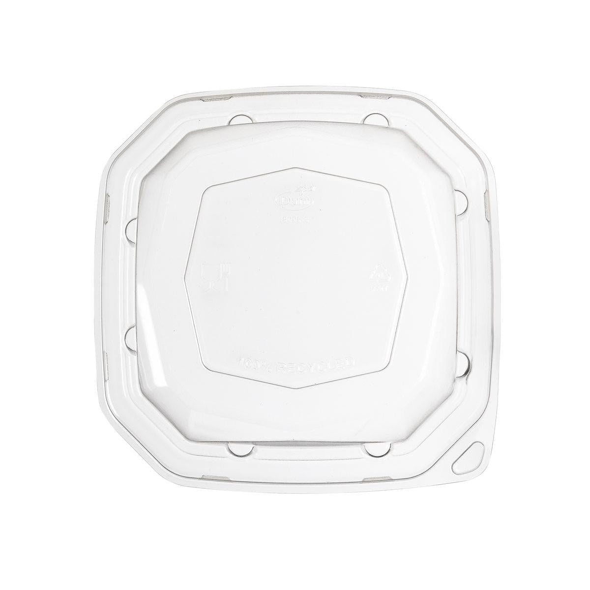 The rPet Octabagasse 400 ml lid from Duni GmbH is a transparent, square rPET lid (160x160x39mm) with rounded corners, raised center, and eight edge notches for a secure fit. Visible recycling symbols. Sold in packs of 50.