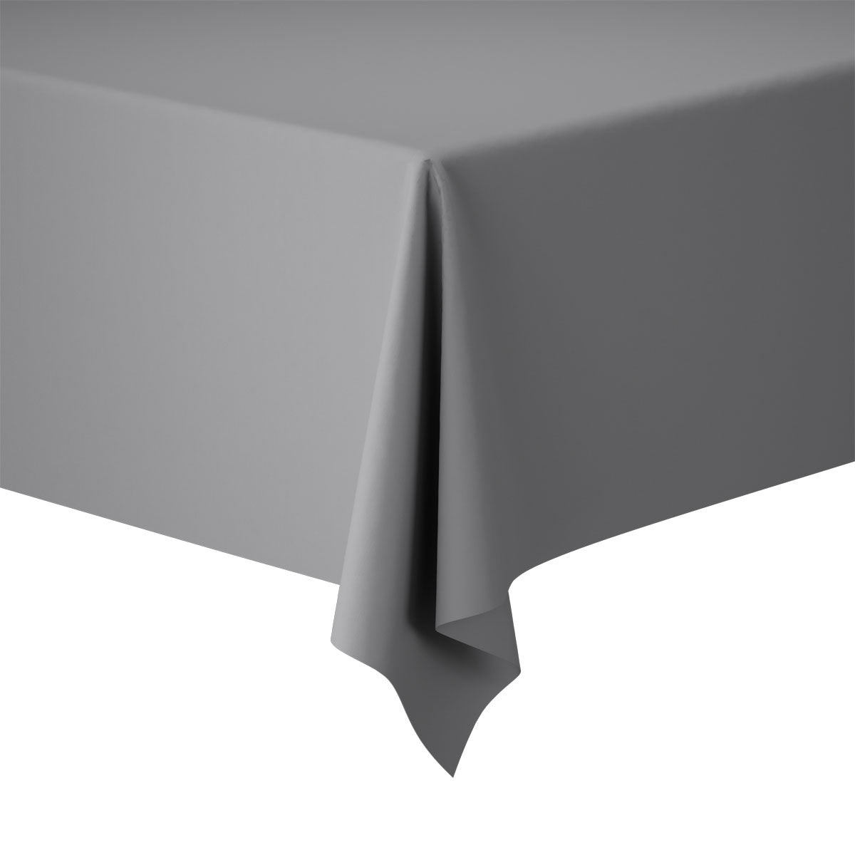 Eine Nahaufnahme zeigt einen rechteckigen Tisch, der mit einer glatten Duni GmbH Evolin-Tischdeckenrollen 1,20 m x 20 m Tischdecke bedeckt ist. Sauber drapierte Ecken machen sie ideal für eine elegante Tischdekoration vor einem weißen Hintergrund.