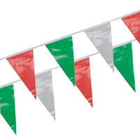The PAPSTAR Pennant garland, weather-resistant foil PAPSTAR The GmbH consists of two strands of shiny triangular pennants in red, white, and green—weatherproof and ideal for garden parties or outdoor events, with a varied pattern.