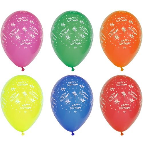 Zehn sortierte PAPSTAR Luftballons "Happy Birthday" (Ø 29 cm) der PAPSTAR GmbH mit bunten Motiven und weißem Geburtstagstext - ideal für die Partydekoration.