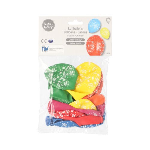 Ein klarer Kunststoffbeutel der PAPSTAR GmbH enthält 10 sortierte "Happy Birthday" PAPSTAR Luftballons (Ø 29 cm), ideal für die Geburtstagsdekoration. Das Etikett enthält Party-Grafiken, mehrsprachige "Ballons" und Zertifizierungslogos.