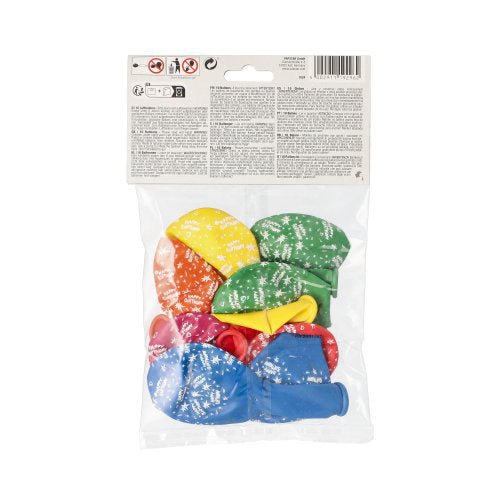 Eine durchsichtige Plastiktüte der PAPSTAR GmbH enthält 10 bunte "Happy Birthday"-Luftballons (Ø 29 cm) mit weißem Schneeflockenmotiv; Anleitung und Warnhinweise sind auf einem weißen Etikett auf der Oberseite zu finden.
