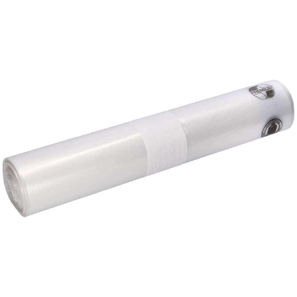 Eine Rolle EMIL DEISS KG (GmbH + Co.) DEISS 19302 - 800x1000x0,05 mm transparente Müllsäcke (25 Stück) mit weißem Etikett in der Mitte, abgebildet auf einem einfarbig weißen Hintergrund.