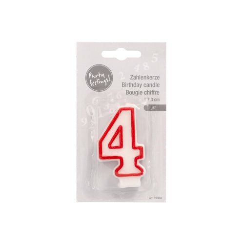 Die Zahlenkerze 7,3 cm der PAPSTAR GmbH in weiß mit roter Kontur, in Form der Zahl 4, kommt mit „Partyfeeling!“ und mehrsprachigem Text (deutsch, englisch, französisch) verpackt – ideal für Geburtstage und Jubiläen.