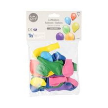 A transparent bag from PAPSTAR GmbH contains 25 assorted 16 cm balloons in the colors blue, green, yellow, and pink. The label shows "Party Feeling!", multilingual text, and illustrations for PAPSTAR balloons Ø 16 cm.