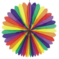 The PAPSTAR "Rainbow" Decorative Fan (Ø 120 cm, flame-retardant) from the PAPSTAR The GmbH logos feature alternating red, orange, yellow, green, blue, and purple sections in a symmetrical, circular design and are displayed on a white background.
