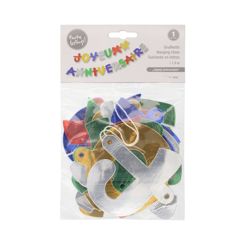 Die PAPSTAR GmbH Grußkette (1,9 m) "Joyeux Anniversaire" ist eine festliche, bunte Girlande für die Geburtstagsdeko mit metallischen Buchstaben. Sie wird in einer klaren Plastiktüte mit beschriftetem Deckel geliefert.