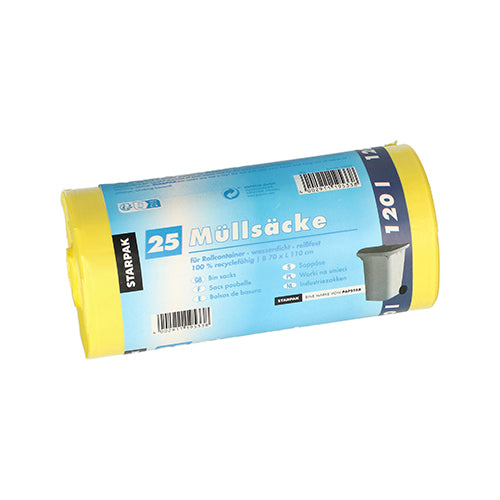 Eine Rolle Starpak 25 Müllsäcke, HDPE 120 l (110 cm x 70 cm), besteht aus einem gelben Sack, einem blauen Etikett mit „25 Müllsäcke“, Produktdetails und einem kleinen Mülltonnenbild.