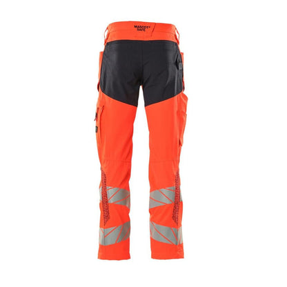 Trousers with knee pockets, stretch inserts trousers, hi-vis red/black-blue