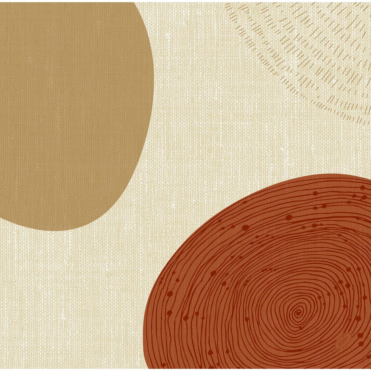 Abstraktes Bild mit einem großen hellbraunen Oval auf der linken Seite und einem rostroten kreisförmigen Motiv mit Ringen und Punkten unten rechts, gedruckt auf Dunisoft-Servietten 40 x 40 cm 1/4 Falz von Duni GmbH. Heller Hintergrund, subtile lineare Textur, schwacher Halbkreis oben.