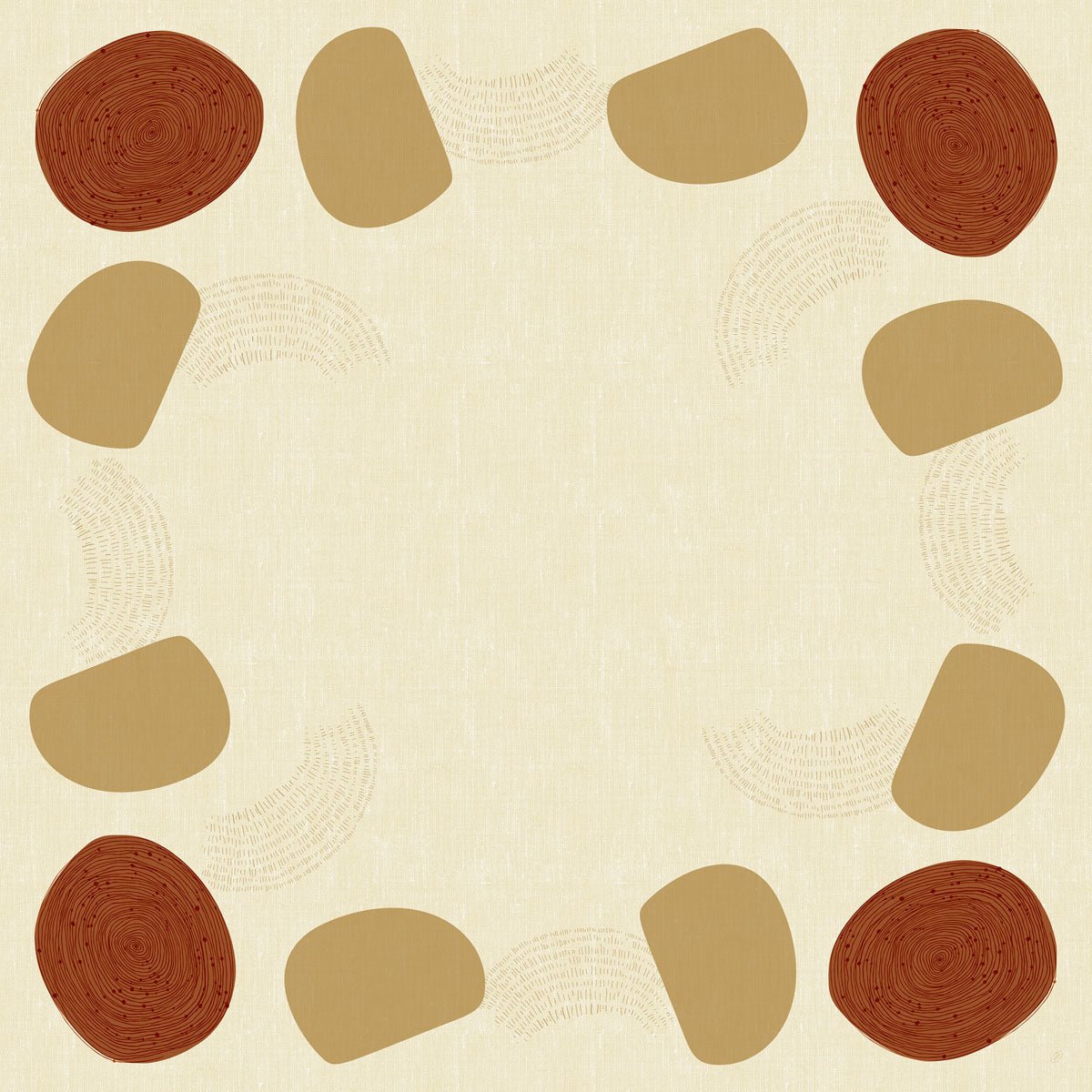 Ein quadratischer Rahmen mit beigem Hintergrund, umrandet von braunen Kreisen und hellbraunen Ovalen, eignet sich perfekt als Duni GmbH Dunicel-Mitteldecken 84 x 84 cm Earthy Packung (20 Stück) Tischdekoration.
