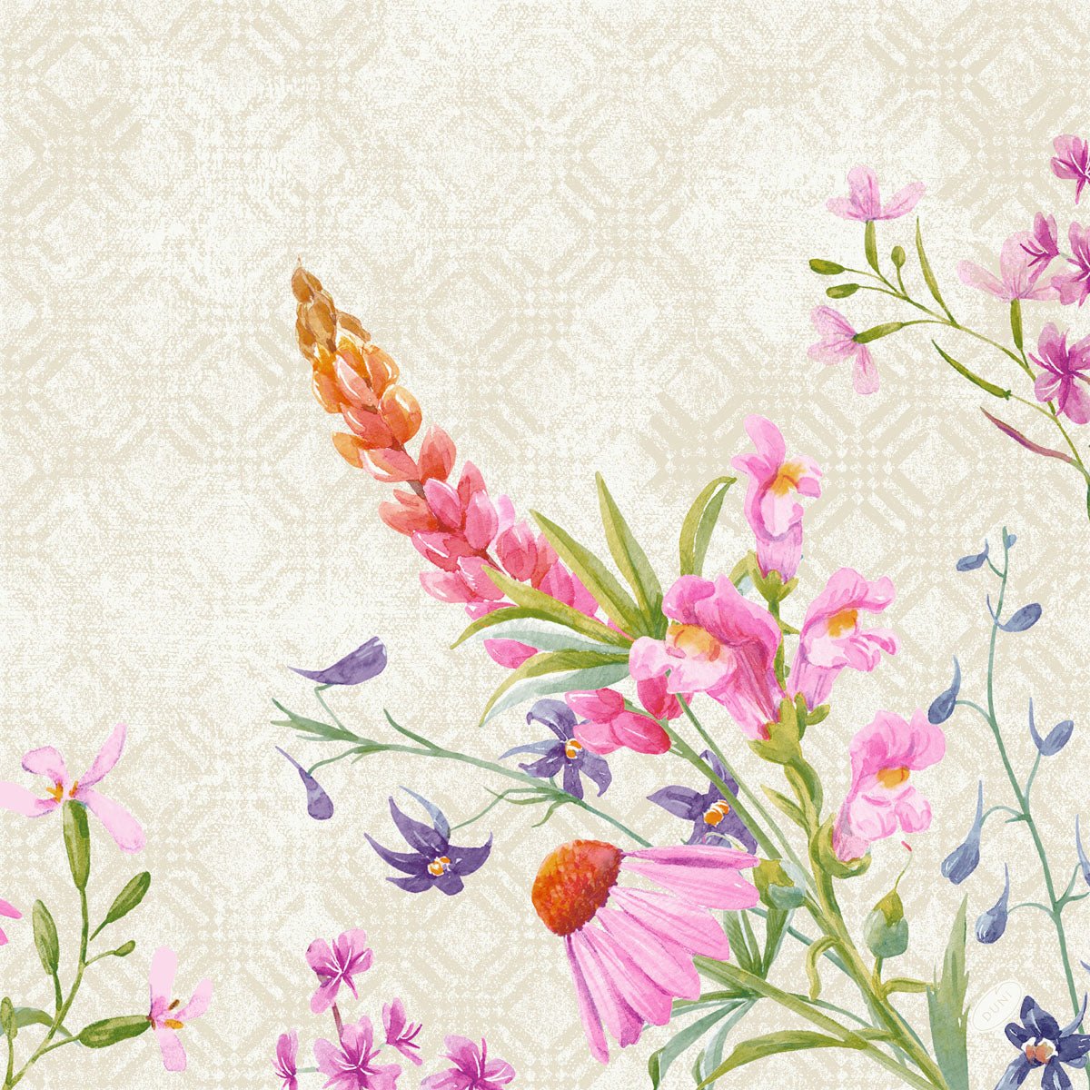 A watercolor illustration of wildflowers in pink, purple, and orange forms the elegant Floret pattern on these Duni GmbH Classic Floret Napkins 40x40 cm (pack of 50 pieces) - ideal for a stylish table decoration.