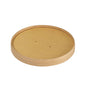 Ein runder, flacher, brauner Deckel Karton Ronda WIDE von Duni GmbH (FSC/PLA, 500/700ml, 150x150x17mm)-ideal für nachhaltige Verpackung. Packung enthält 50 Stück. Abgebildet auf weißem Hintergrund mit zwei Mittellöchern.