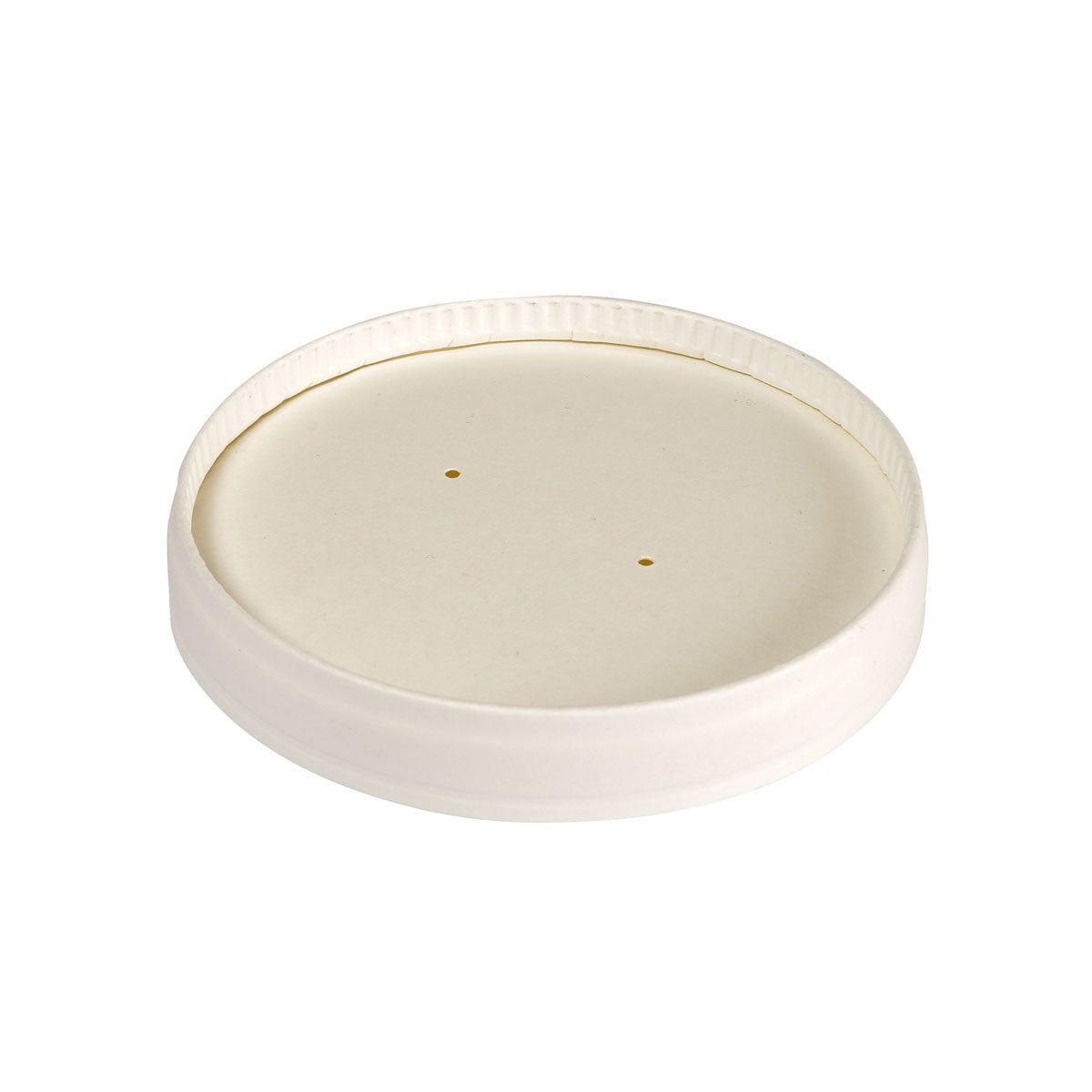 A white, round lid carton Ronda SHORT (480 ml, 98x98x17 mm) from Duni GmbH with two small central holes, viewed from above on a white background. FSC-certified and PLA-coated; available in packs of 25 pieces.