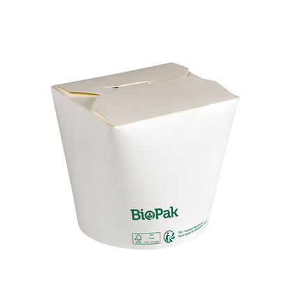 Ein weißer Bowl Ronda ASIA Karton/PLA 750 ml der Duni GmbH, hier mit geschlossenem Deckel, ist mit grünen Öko-Symbolen und "biologisch abbaubar" auf der Seite versehen, um sein umweltfreundliches Design zu betonen.