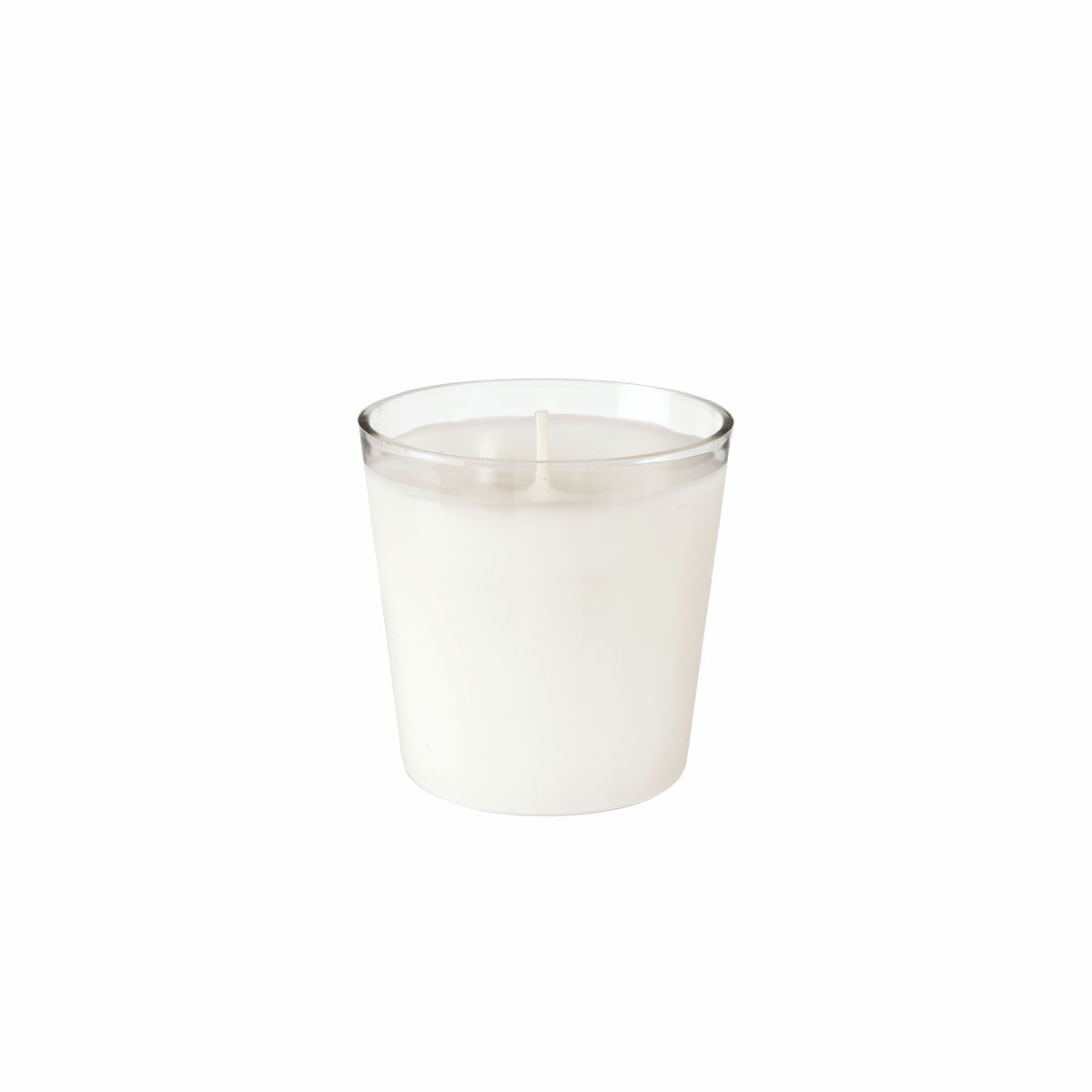 Die Duni GmbH Nachfülleinheit Switch&Shine, 6er Set, weiß - Hochwertige Reinigung - zeigt eine weiße Kerze in einem klaren Glashalter mit einem unverbrannten Docht. Umweltfreundlicher, langanhaltender Duft, ideal als Nachfüller für jeden Raum. Die Packung enthält 6 Stück.