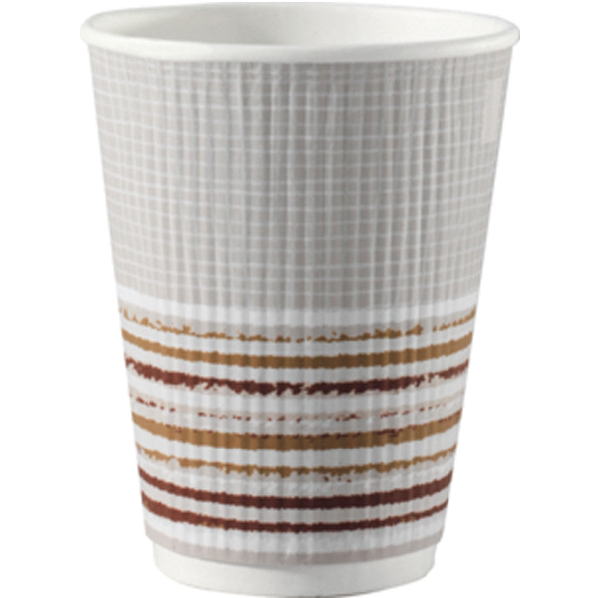 Der Duni GmbH Triple Wall Stripe Thermobecher 240 ml, Weiß mit roten, braunen und gelben Streifen aus PAP/PLA mit dreifacher Wandisolierung hält Getränke heiß; Packung enthält 25 umweltfreundliche Becher.