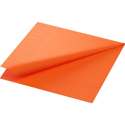 Eine Zellt.Serv.33x33 3lg. 1/8 BF Serviette in Sonnenorange von Duni GmbH, gefaltet im 1/8 Format mit gemustertem Rand, ist flach liegend auf weißem Hintergrund abgebildet. Die Packung enthält 250 Servietten.