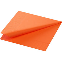 A Duni GmbH cell-fold napkin, 24x24 cm, 3-ply, orange paper napkin from a pack of 250 is shown partially unfolded with embossed edges, standing out against a plain white background.