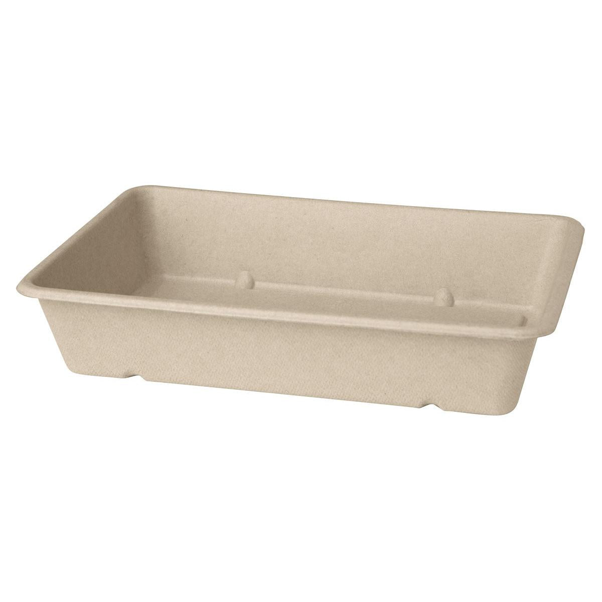 The Classic Box 1200 ml - uncoated Brown Bagasse 230x155x46 from Duni GmbH is a beige, rectangular, compostable tray with slanted sides and a flat bottom - the ideal eco-friendly packaging for your packaging needs. Pack: 40 pieces.
