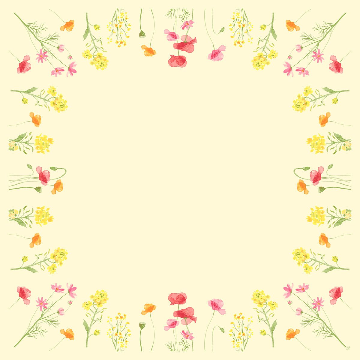 Die Dunicel Mitteldecke 84x84 cm Poppy Field von Duni GmbH zeigt eine quadratische Blumenbordüre im Aquarellstil mit gelben, rosa und orangefarbenen Blüten auf hellgelbem Hintergrund - ideal für eine elegante Tischdekoration. Packung: 20 Stück.
