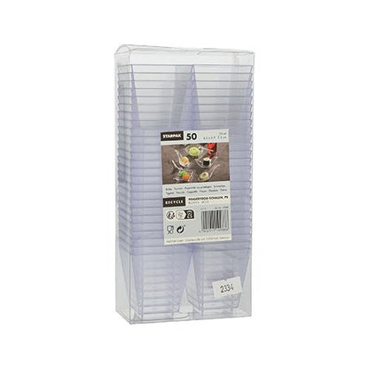 Eine Packung mit 50 transparenten dreieckigen Starpak Fingerfood-Schalen (PS glasklar) von Starpak in einer durchsichtigen Kunststoffverpackung, versehen mit einem Etikett mit Informationen und Dessertbild – ideal für Events und stilvolle Dessertpräsentationen.