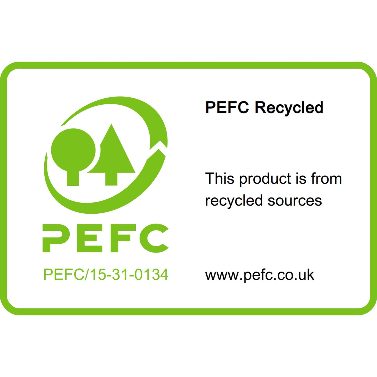 Ein PEFC Recycled-Label auf den Post-it® Recycling Z-Notes, Gelb (76x76mm, 100 Blatt/Block, 6 Blöcke) der 3M Deutschland GmbH zeigt, dass sie aus recycelten Quellen hergestellt wurden. Es zeigt ein grünes Baum-Logo, SGSCH-PEFC-COC-110078, und einen Website-Link.