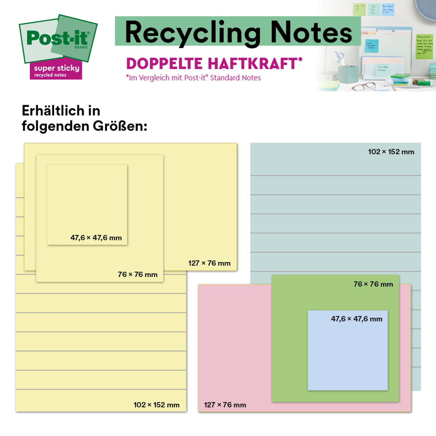 Eine Grafik zeigt 3M Post-it® Super Sticky 100% Recycling Notes (102 x 152 mm, liniert, verschiedene Farben, 45 Blatt/Block, 4 Blöcke/Packung, PEFC-zertifiziert) im Einsatz. Oben links: Post-it-Logo. Text auf Deutsch.
