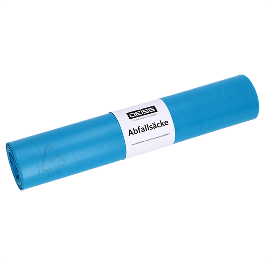 Abgebildet ist eine Rolle EMIL DEISS KG (GmbH + Co.) DEISS 20004 blaue Müllsäcke, 700x1100x0,029 mm (25 Säcke pro Rolle), mit weißem "DESS"-Etikett und "Abfallsäcke", auf weißem Hintergrund.