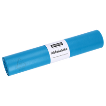 Eine Rolle EMIL DEISS KG (GmbH + Co.) Abfallsäcke, DEISS 20007 Typ 70, blau, Größe 700x1100 mm, Rolle (25 Stück), mit weißem Etikett mit der Aufschrift "Deiss" und "Abfallsäcke", auf weißem Grund.