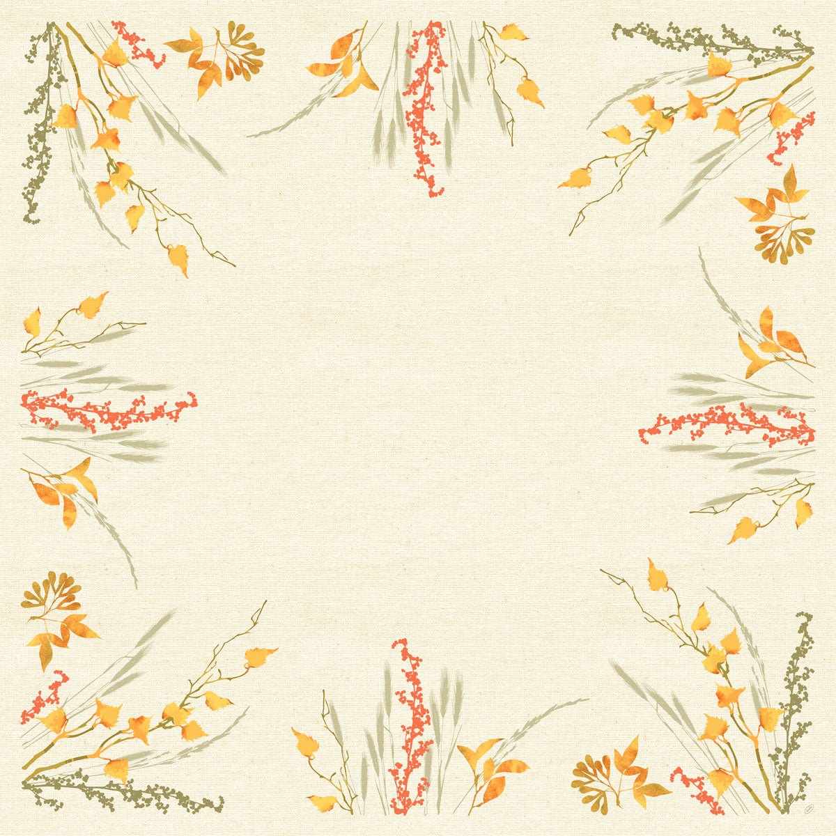 Die Dunicel-Mitteldecke 84x84cm Fall Beauty von Duni GmbH ist eine quadratische beige Tischdecke mit gelb-orangefarbenen Blättern, roten Beeren und grün-grauem Gras im Aquarell-Stil an den Rändern und Ecken; die Mitte bleibt frei.
